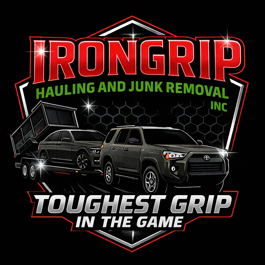 Logo for IronGrip Hauling and Junk Removal Inc featuring a black truck towing a car and a car on a trailer, with bold red, green, white, and black text.