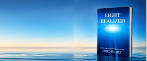 A book titled 'Light Realized' standing on a reflective surface with a background of a blue sky and ocean horizon.