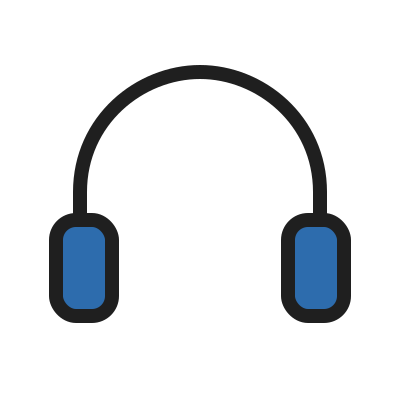 Illustration of over-ear headphones with black headband and blue ear cushions.