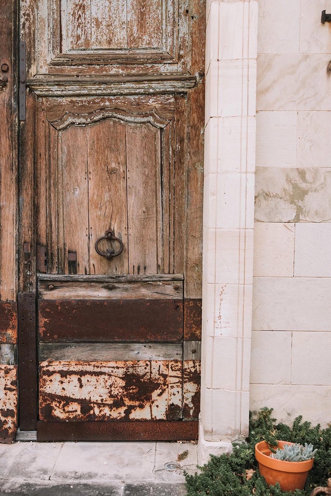 Old rustic wooden door with rusted metal detailing and a circular door knocker, next to a cream-colored stone wall and a small potted plant.