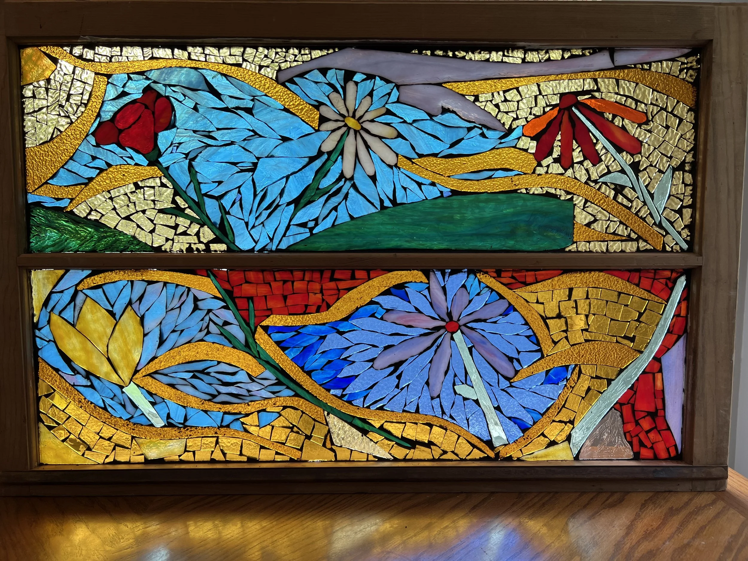 Karen Whalen original art | Lake Geneva Art Studio | Glass-on-glass mosaic on antique window frame