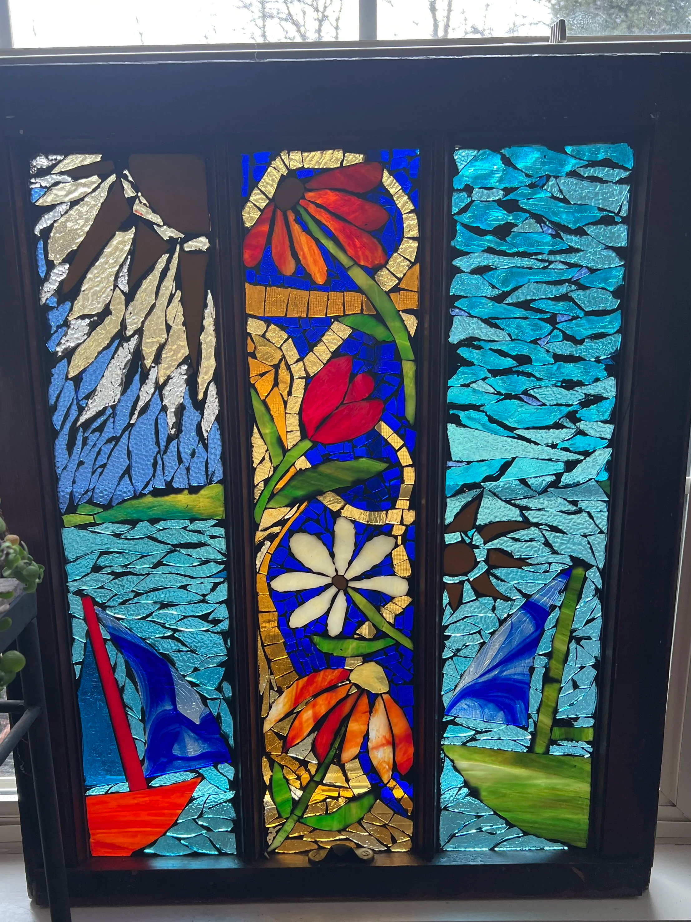 Glass-On-Glass Mosaic in Antique Frame - "Sailing in the Sun" 