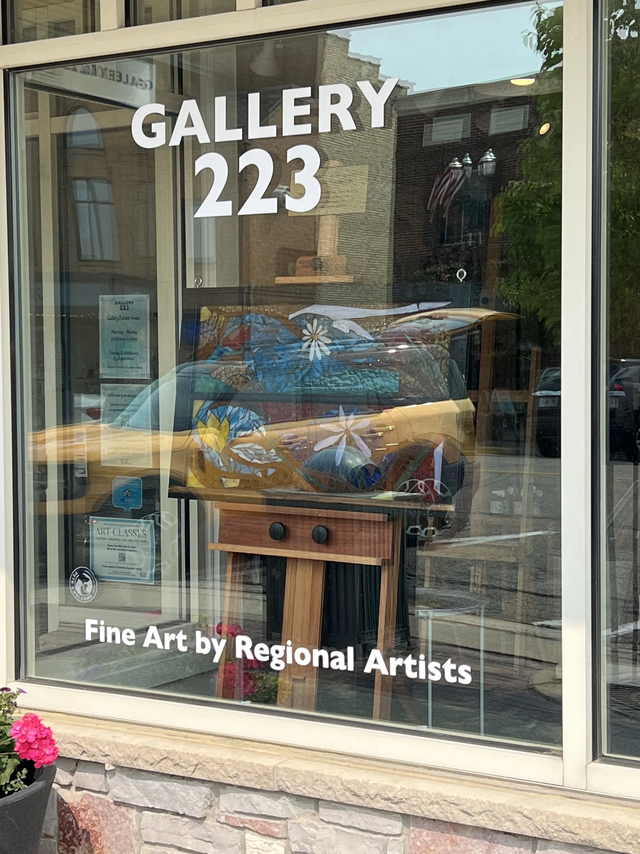 Glass-On-Glass Mosaic in Antique Frame - "Happy Flowers Smiling at You" Lake Geneva Art Studio in Gallery 223 Front Window