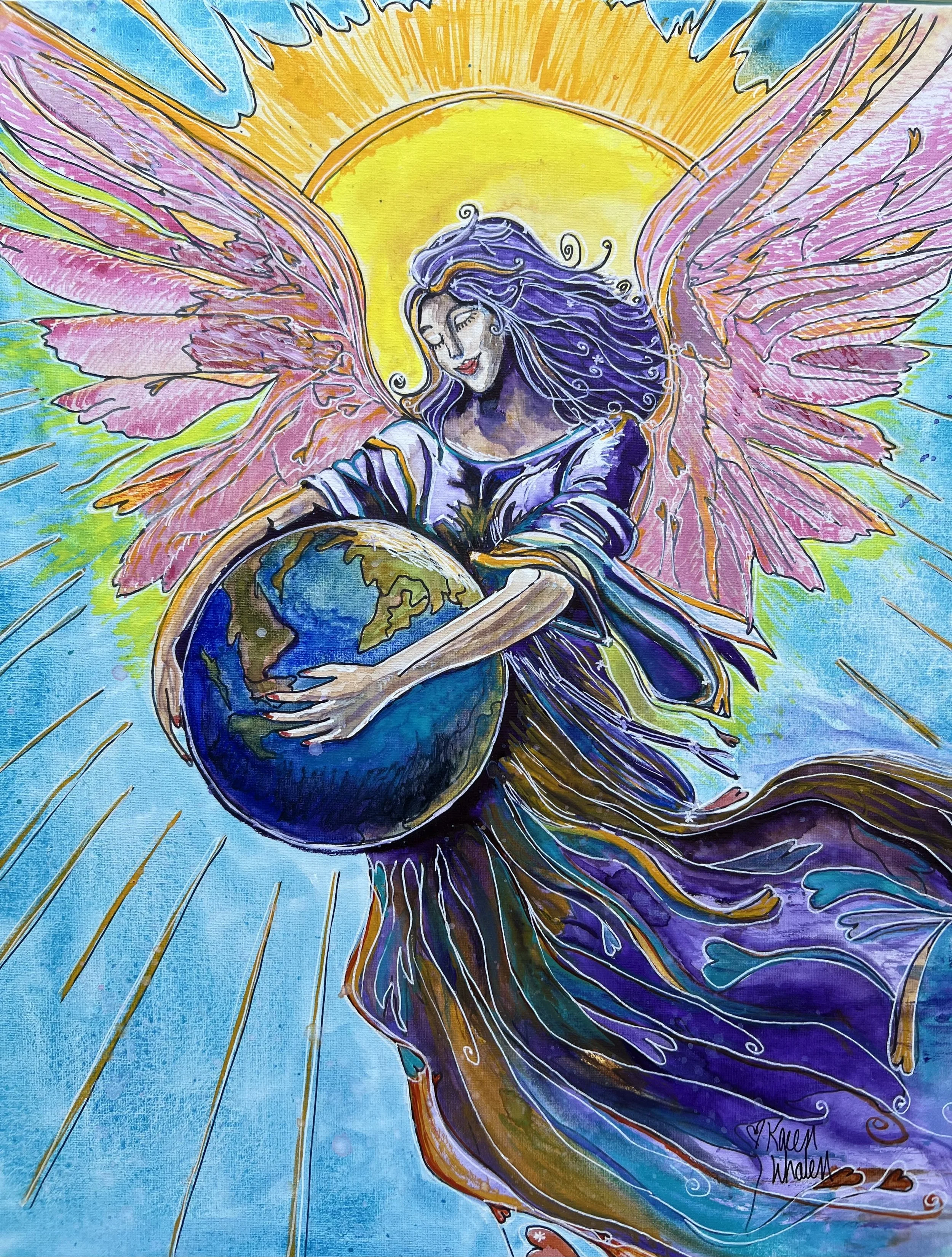 Karen Whalen Original Art | A colorful illustration of an angel with pink and purple wings, flowing purple hair, and a flowing purple dress, holding the Earth with one hand and a glowing sun in the background, surrounded by radiant lines.