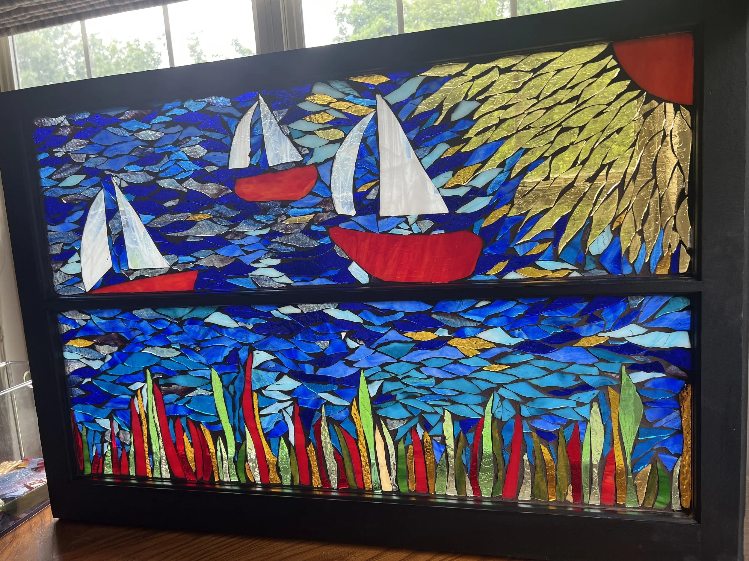 Karen Whalen Original Art | Lake Geneva Art Studio | Glass-on-Glass Mosaic using cathedral glass, and set in an antique picture frame - scene of three sailboats on lake geneva while the sun is shining and the plants are happily growing beneath the su