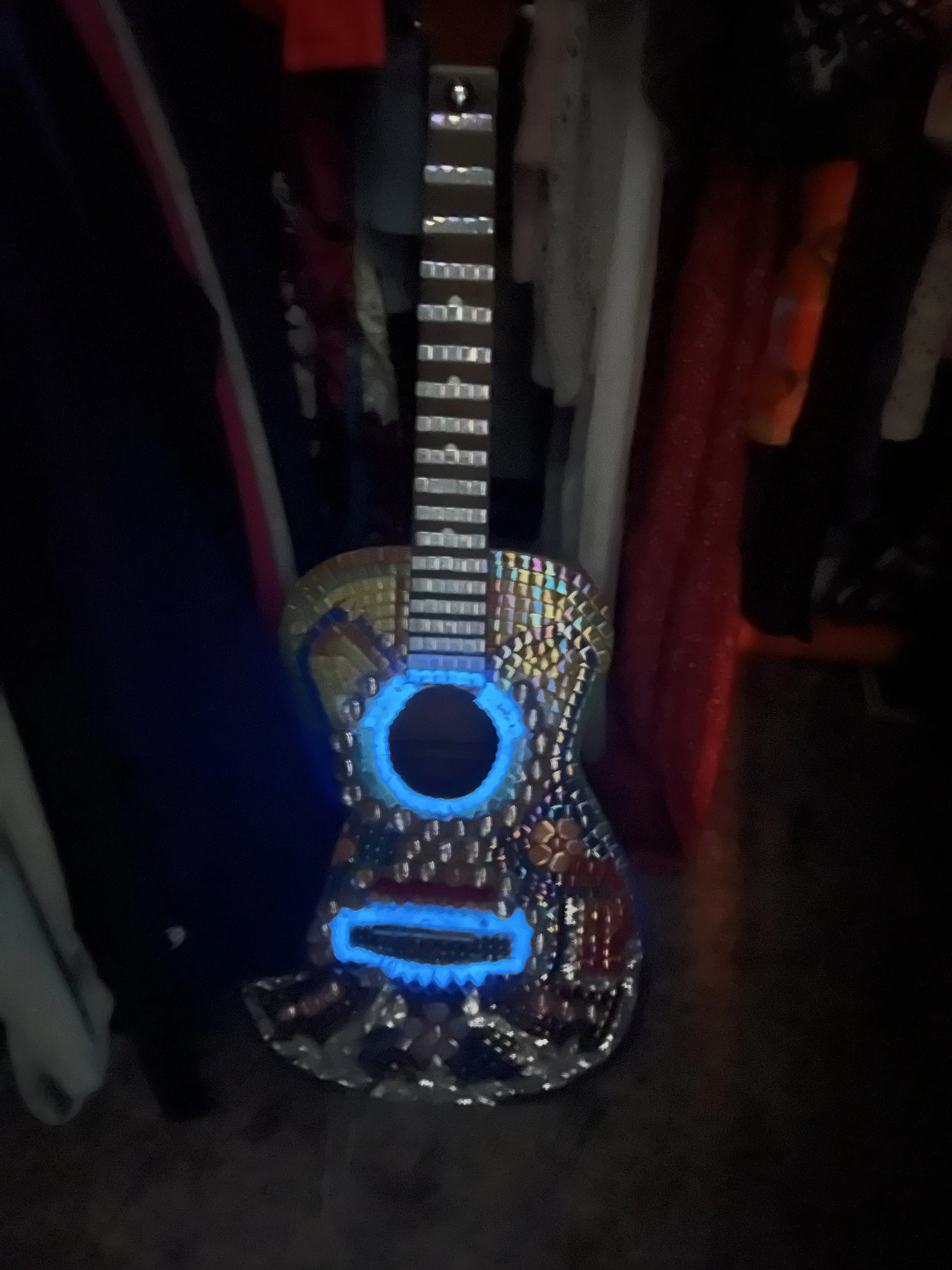Mosaic Guitar, showing the Glow-in-the-Dark mosaic tiles 