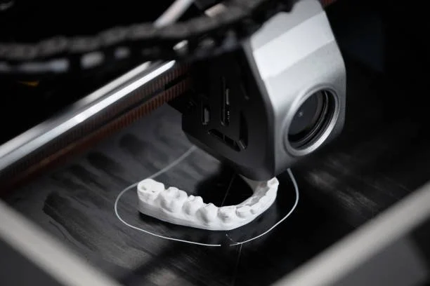 3D printer creating a white dental model on a printing bed.