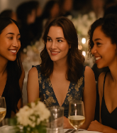Three women at a dinner party smiling and talking, with candles and flowers on the table.