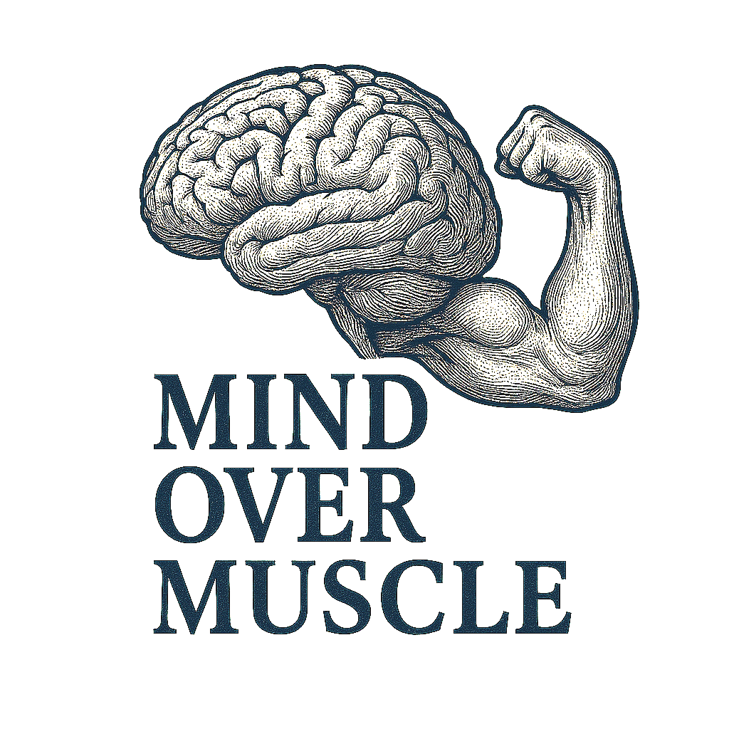 Illustration of a human brain with a muscular arm flexing, with the text "Mind Over Muscle" below.