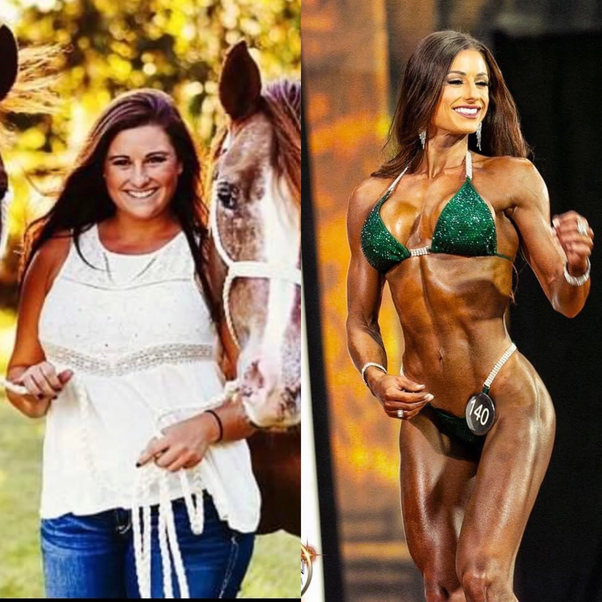 Side-by-side comparison of a woman, on the left in casual attire with a horse, and on the right in a green bikini with a competition number, showcasing her muscular physique.