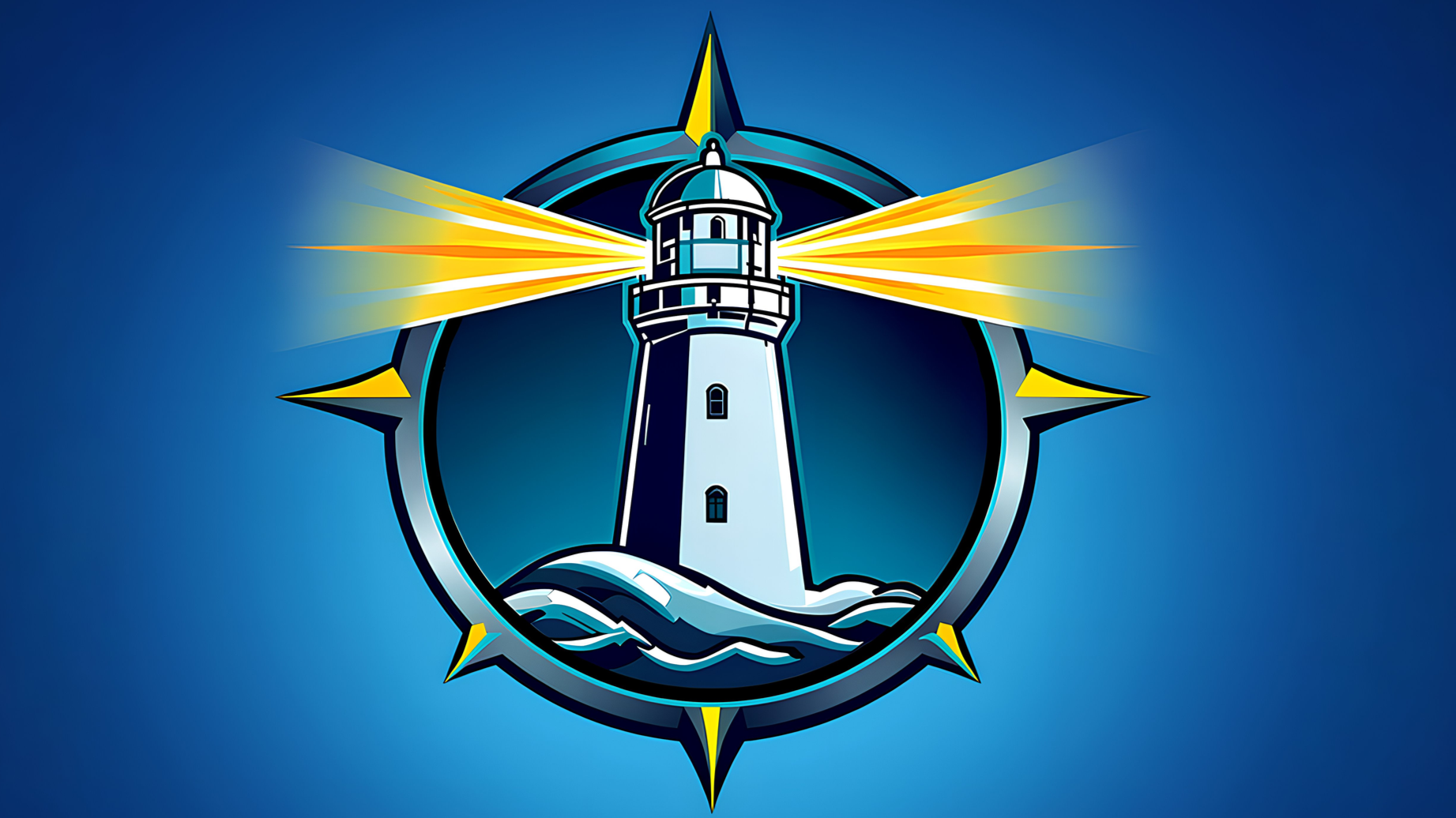 A stylized lighthouse shining beams of light, surrounded by a circular compass design with a blue gradient background.