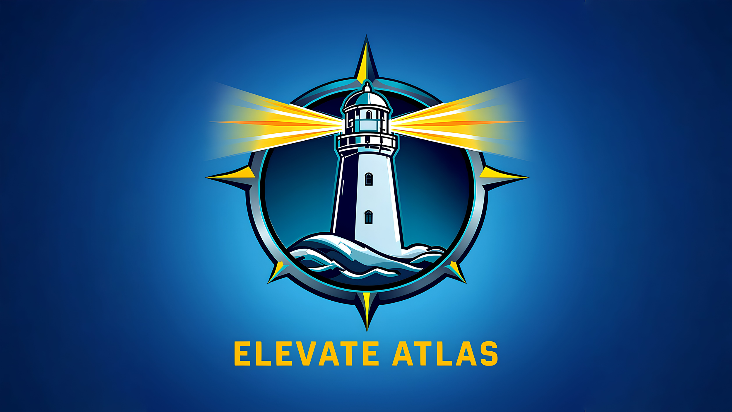 A logo featuring a lighthouse emitting yellow light, enclosed in a circular design with a compass-like border. The background is blue with the phrase 'ELEVATE ATLAS' in yellow at the bottom.