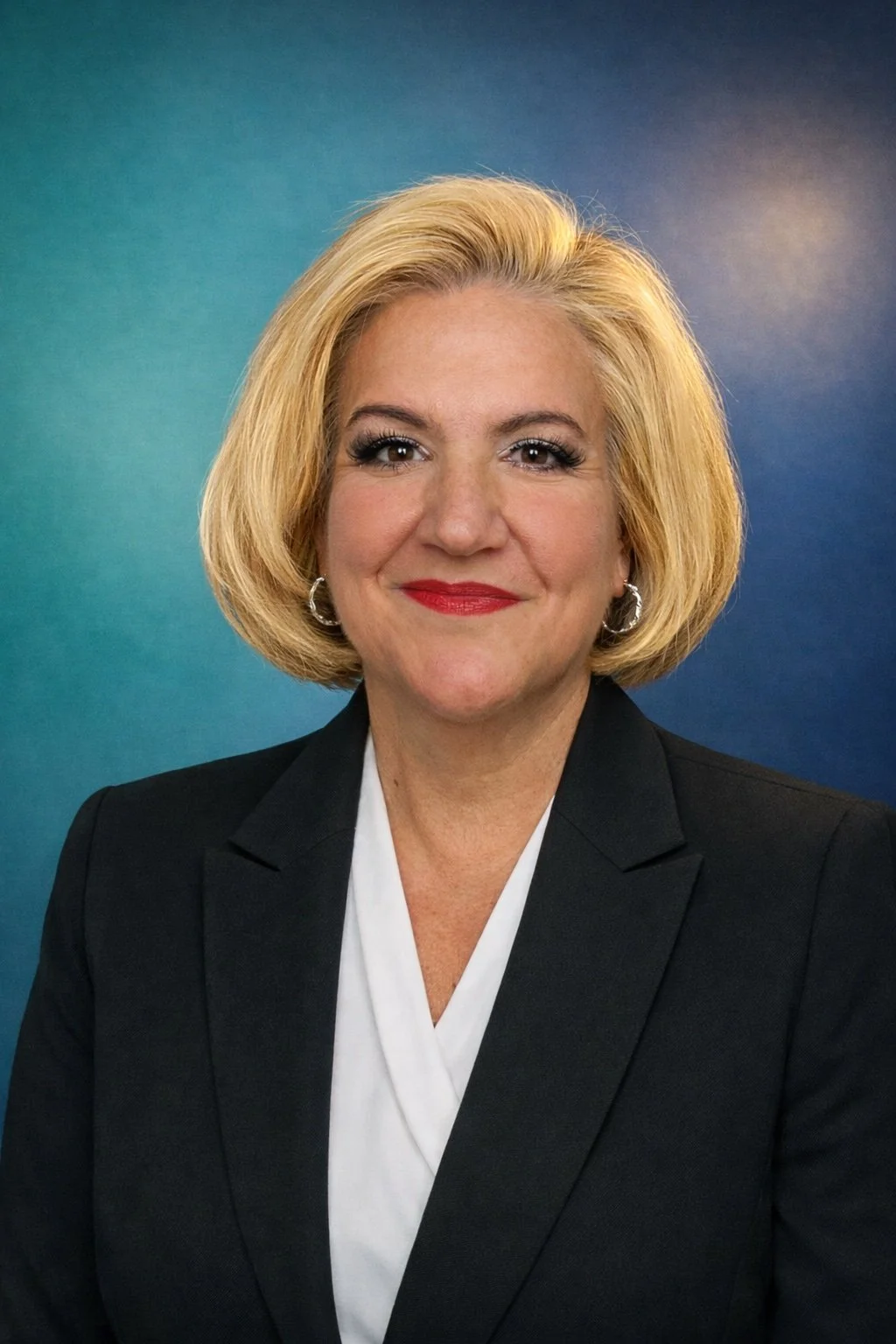 A professional woman with blonde hair, wearing makeup including red lipstick and eye makeup, dressed in a black blazer and white blouse, smiling against a blue gradient background.