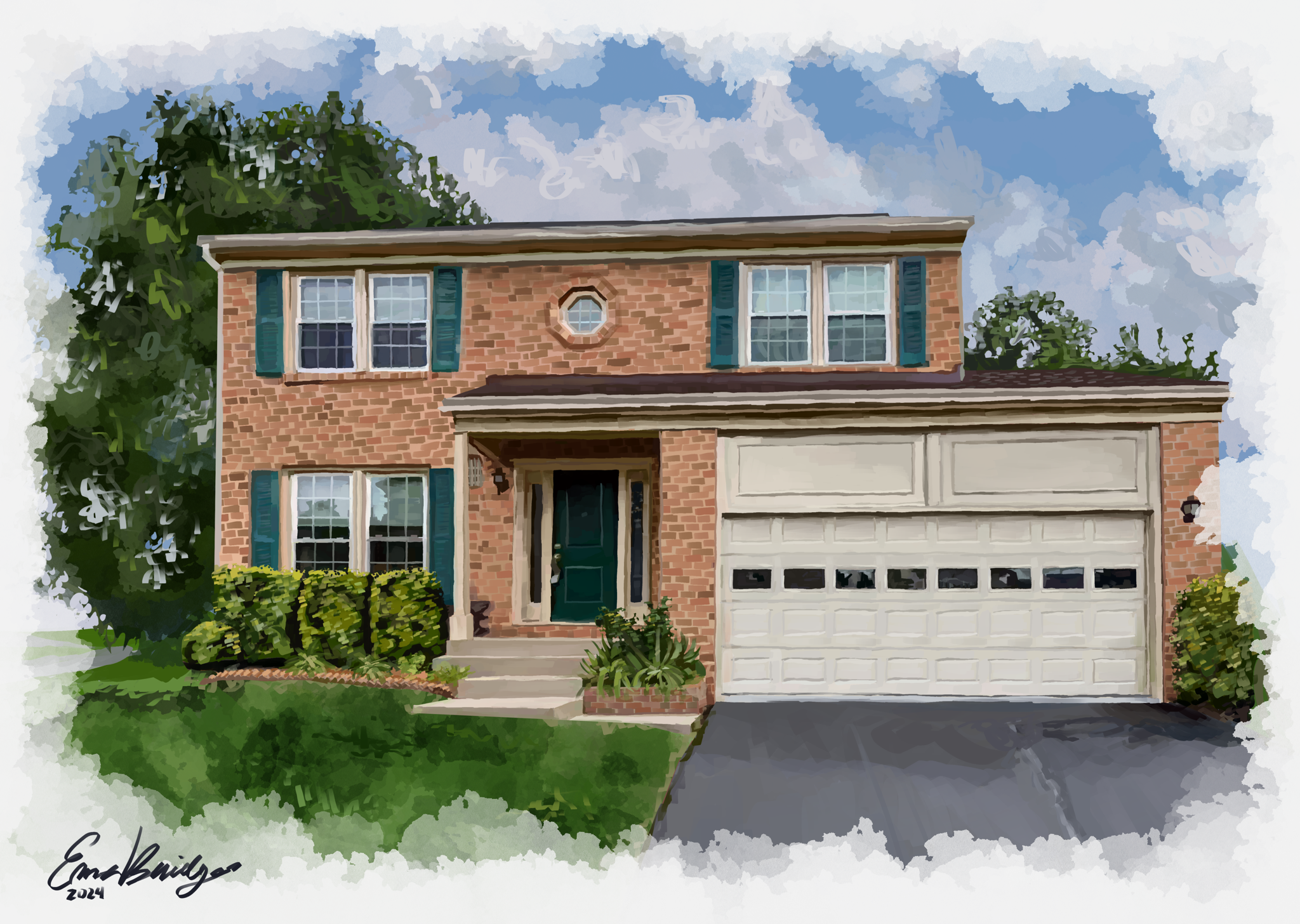 Digital watercolor painting of a two-story brick house with a green front door, white garage door, and green shutters, surrounded by trees and a lawn under a cloudy sky.