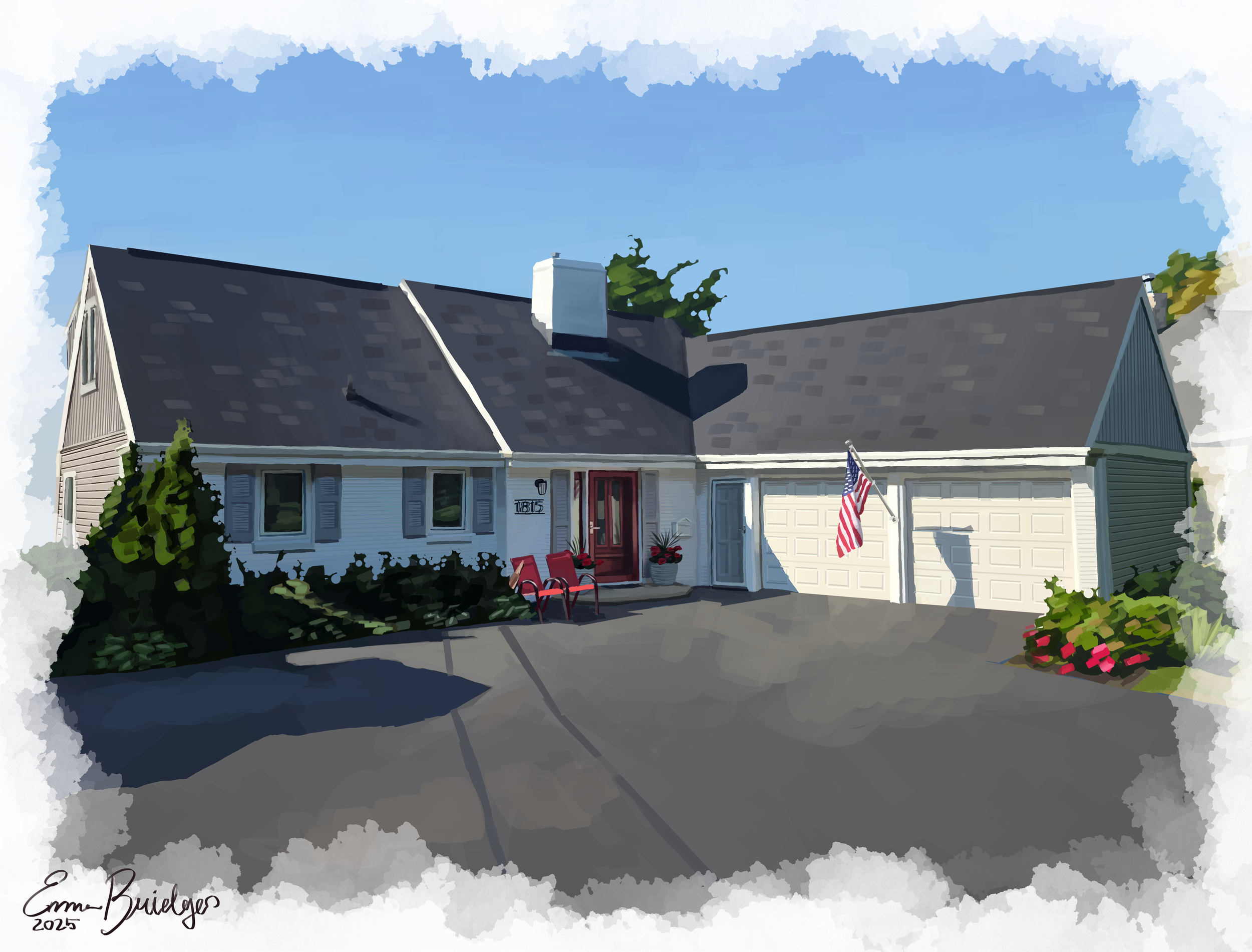 A suburban house with a gray sloped roof, white siding, and a three-car garage with white doors. There are two red chairs on the porch, an American flag hanging near the garage, and potted plants with pink flowers near the front door. The driveway is