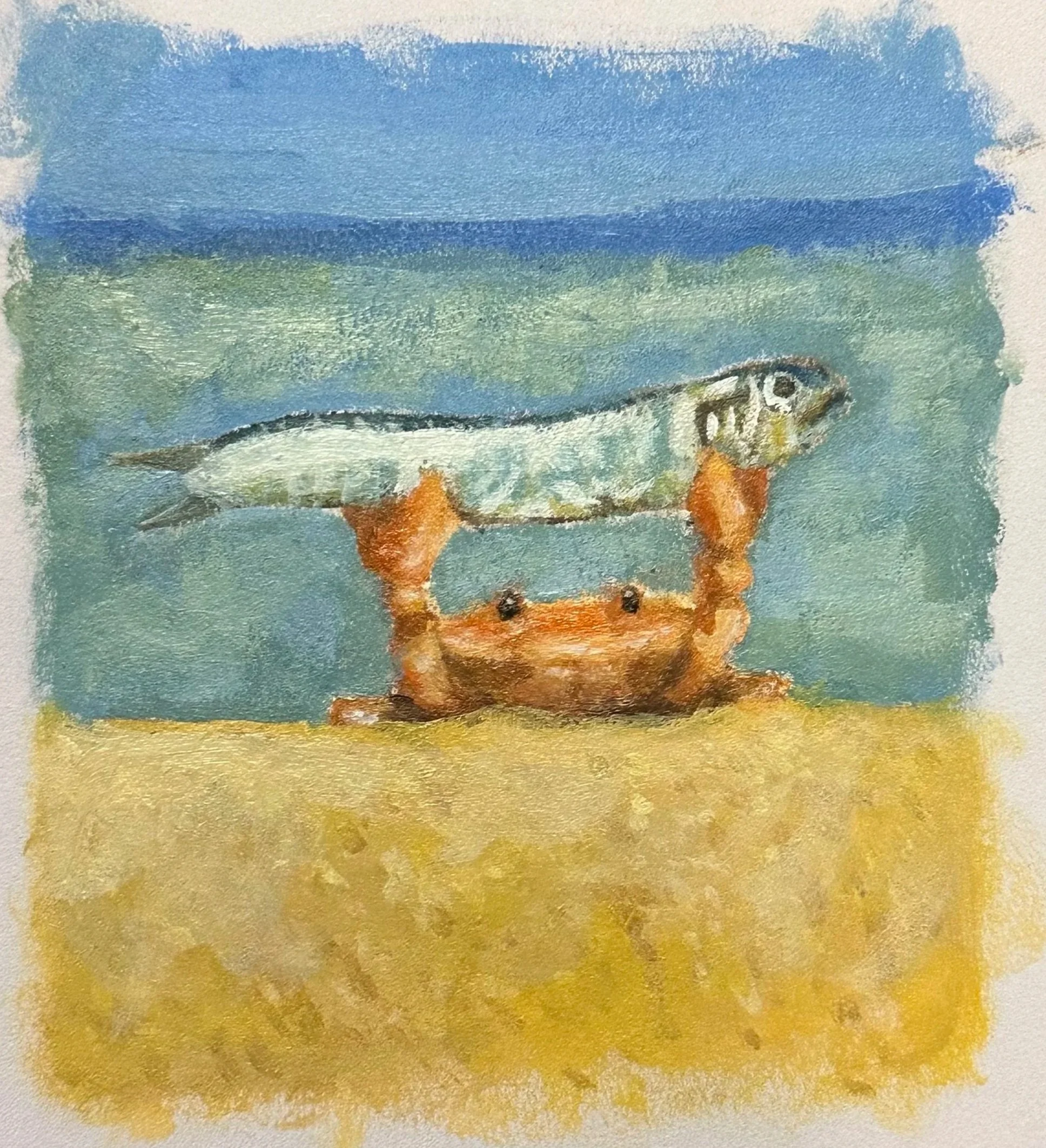 A watercolor painting of a small crab holding a fish above its head on the beach with the ocean in the background.