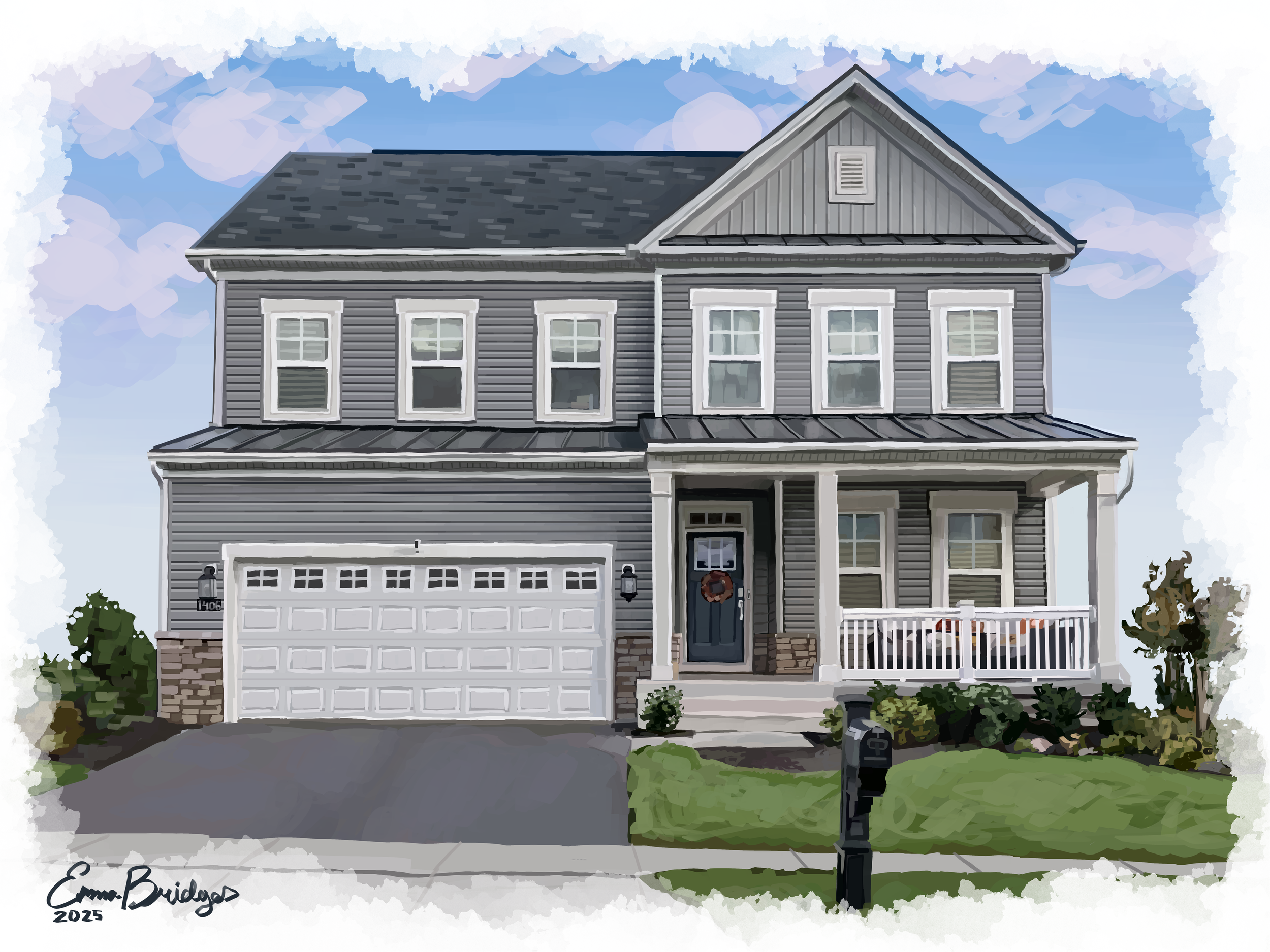 A two-story gray house with white trim, a front porch with white railing, a front lawn, and a driveway leading to a two-car garage, under a partly cloudy sky.