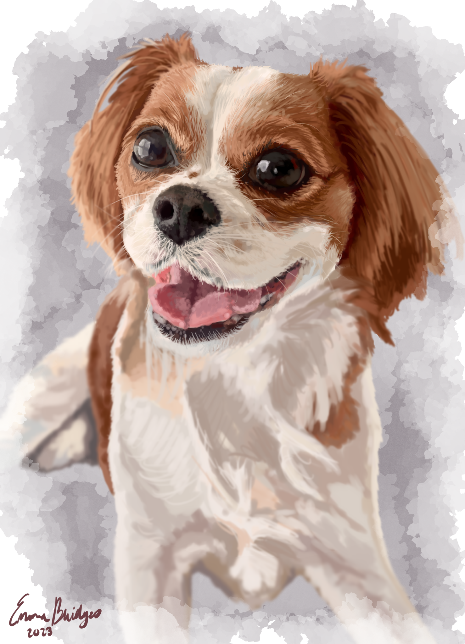Digital painting of a happy, smiling dog, likely a Cavalier King Charles Spaniel, with brown and white fur, a black nose, and dark eyes, against a painted gray and white background.