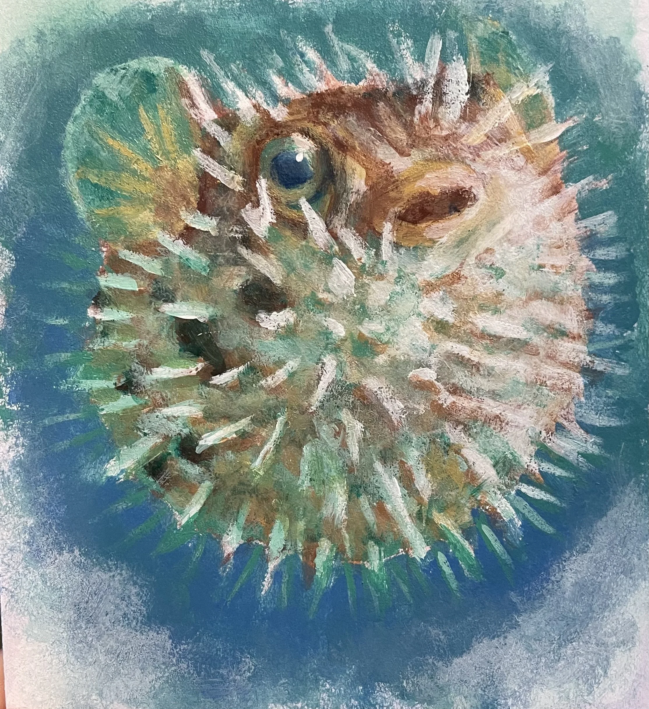 A detailed painting of a pufferfish with spiky, textured skin, large eye, and a background gradient of blue and green hues.