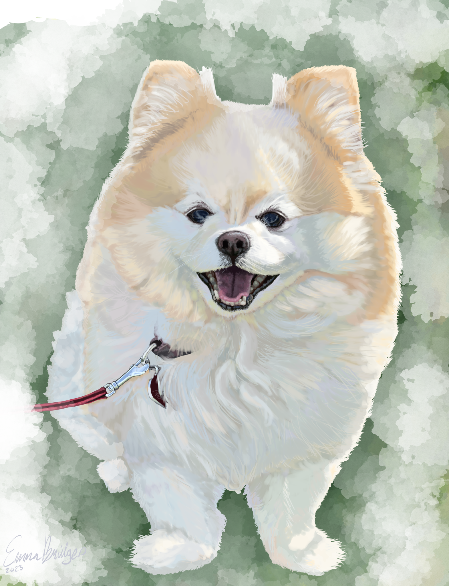 Illustration of a happy, fluffy, cream-colored dog with a red leash, smiling with its mouth open, against a watercolor-style green background.