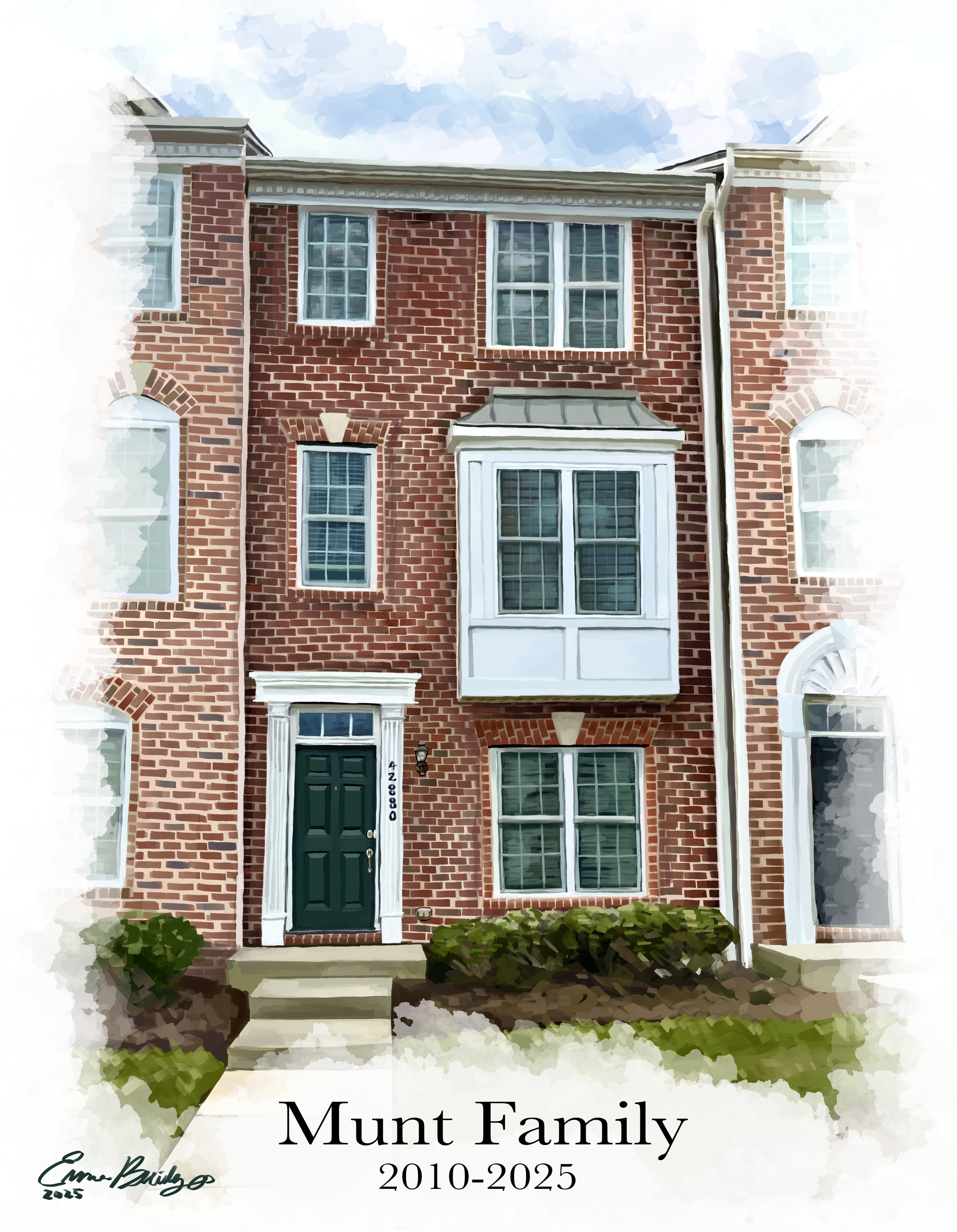 Digital illustration of a brick townhouse with black American-style door, multiple white-framed windows, and a small front yard with bushes, commemorating the Munt Family from 2010 to 2025.