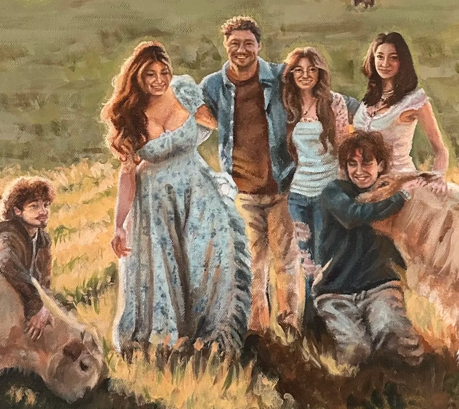 A group of six people, three women and three men, posing outdoors in a grassy field during daytime. They are smiling and embracing each other.