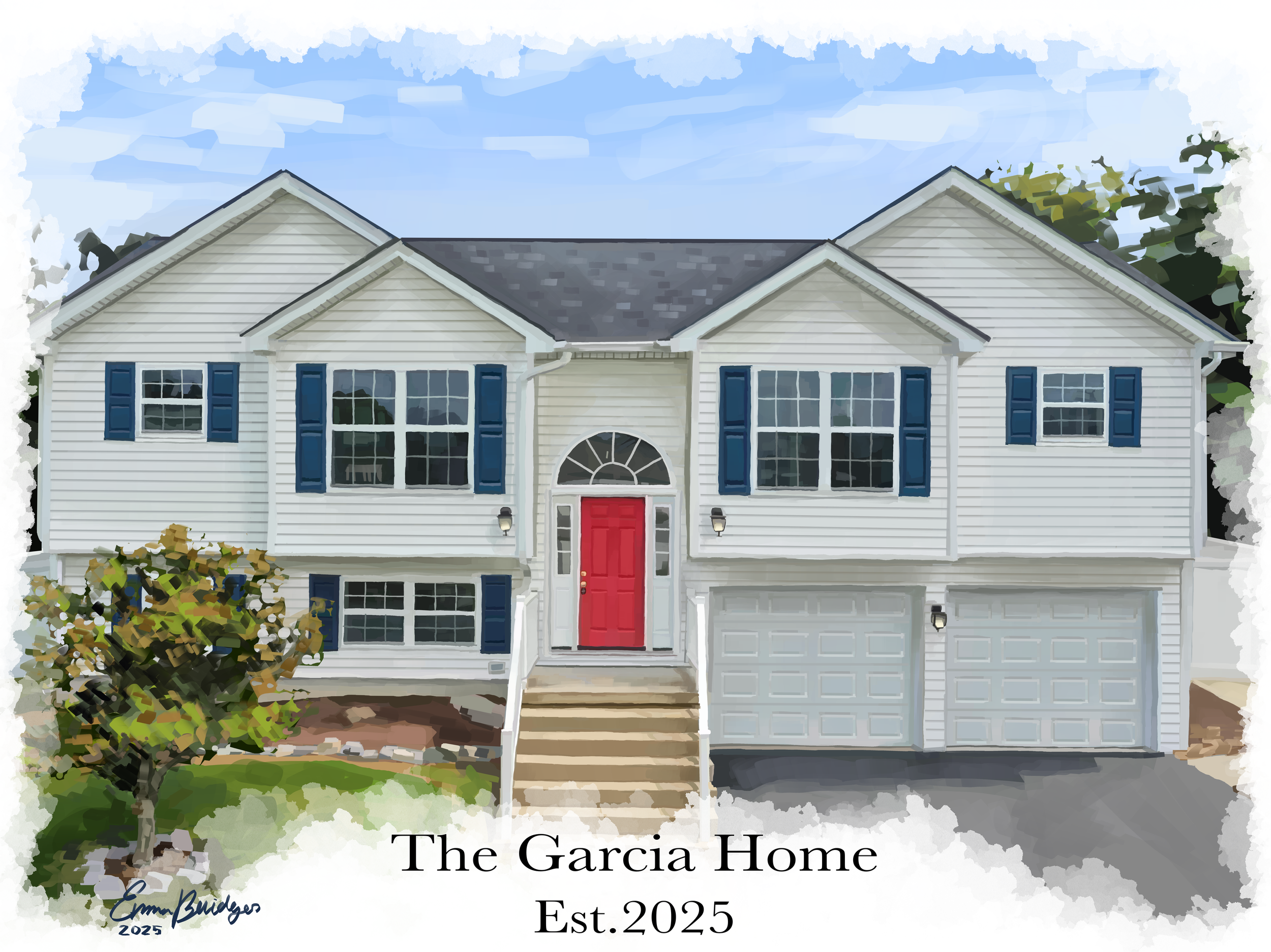 Digital painting of a two-story house with white siding, blue shutters, and a red front door. The house has a front staircase leading to the entrance and a double garage. There is a small tree and landscaped yard in front. Text at the bottom reads, "