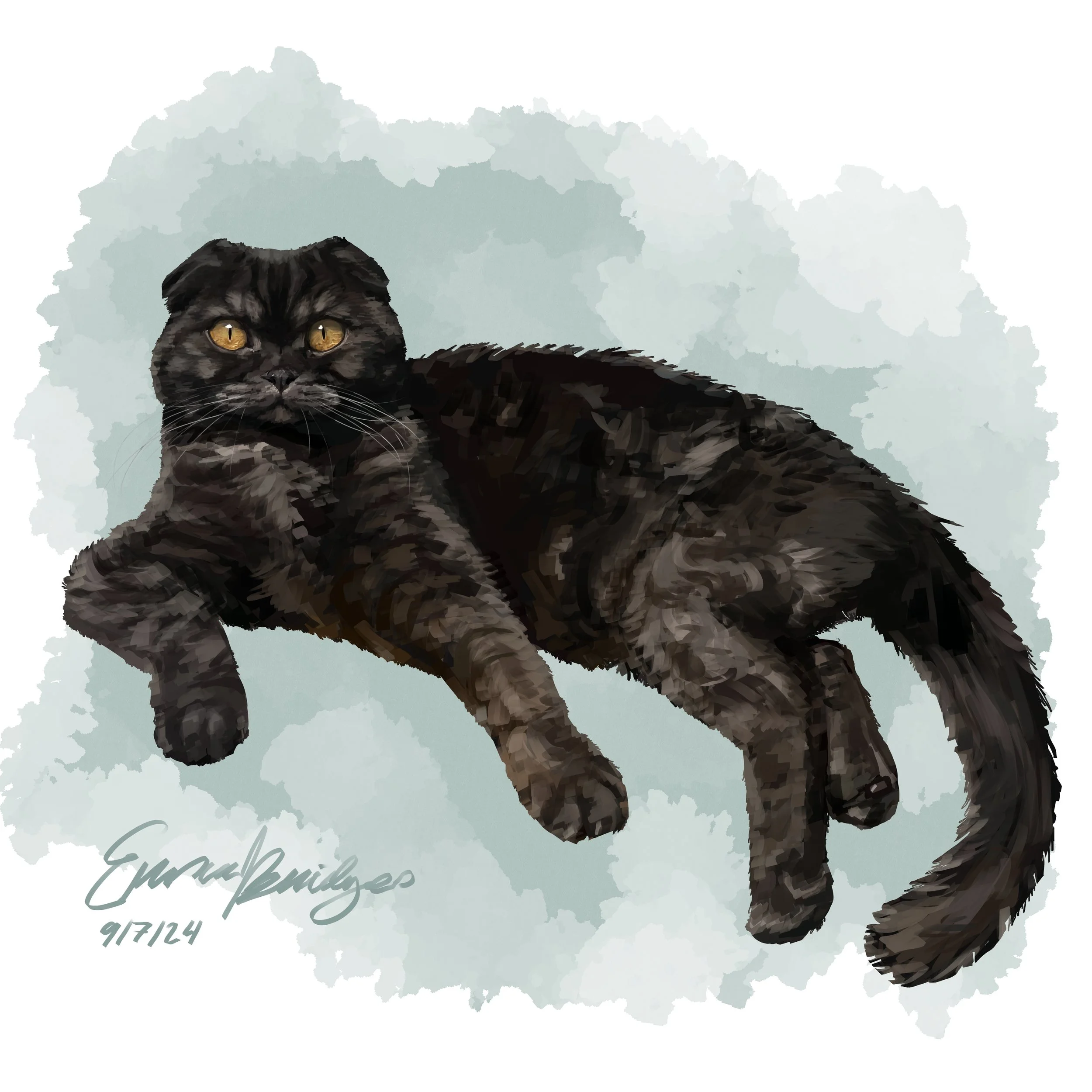 Digital painting of a black cat with yellow eyes lying on a watercolor background, signed with the name and date.