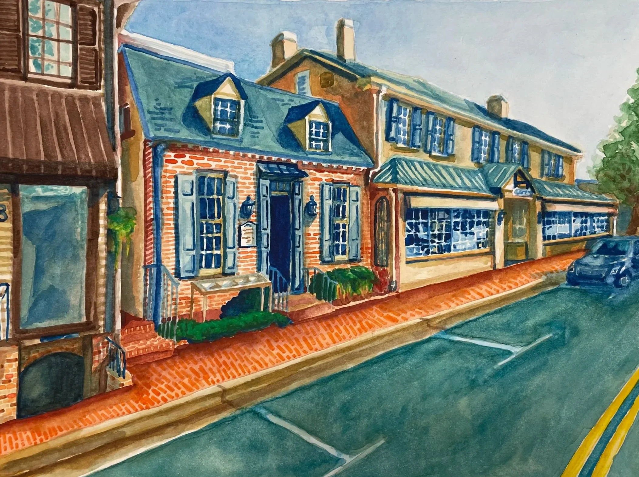 Watercolor painting of a row of brick and wooden buildings on a street with parked cars, blue skies, and green trees in the background.