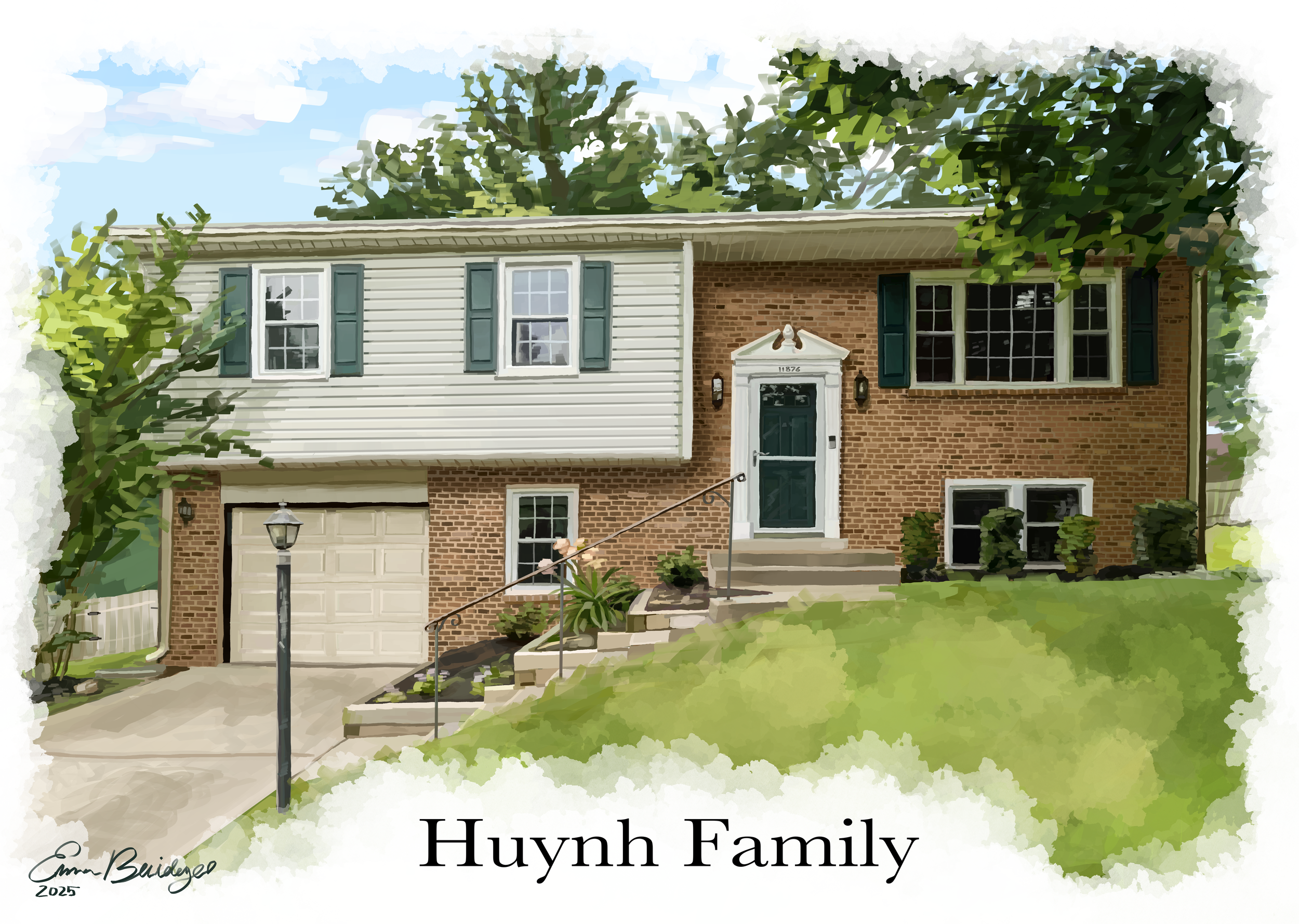 Watercolor illustration of a two-story house with brick and beige siding, green shutters, front steps, a front lawn, trees, and a lamp post with the text "Huynh Family" at the bottom.