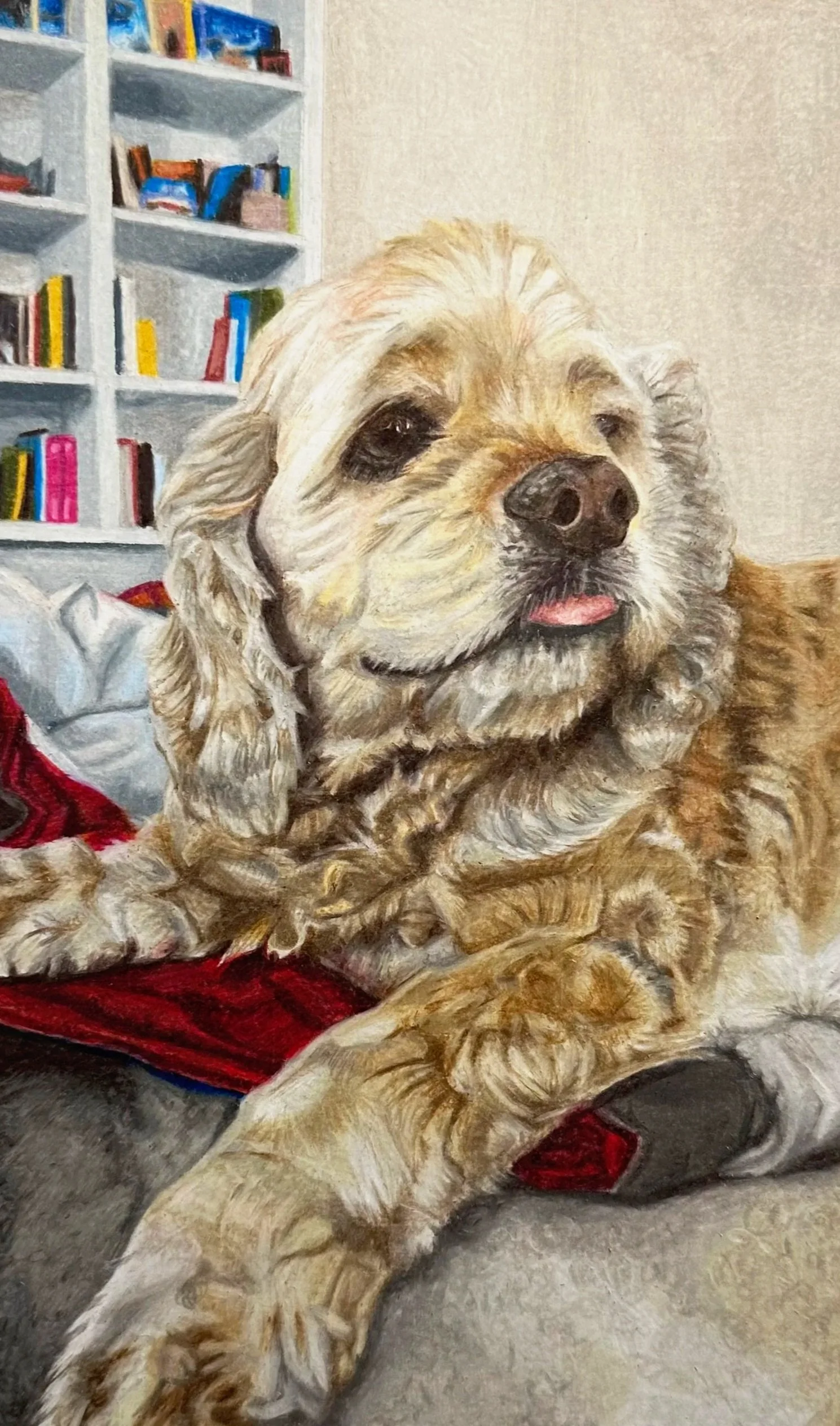 A detailed painting of a golden retriever dog lying on a couch, with a bookshelf in the background.