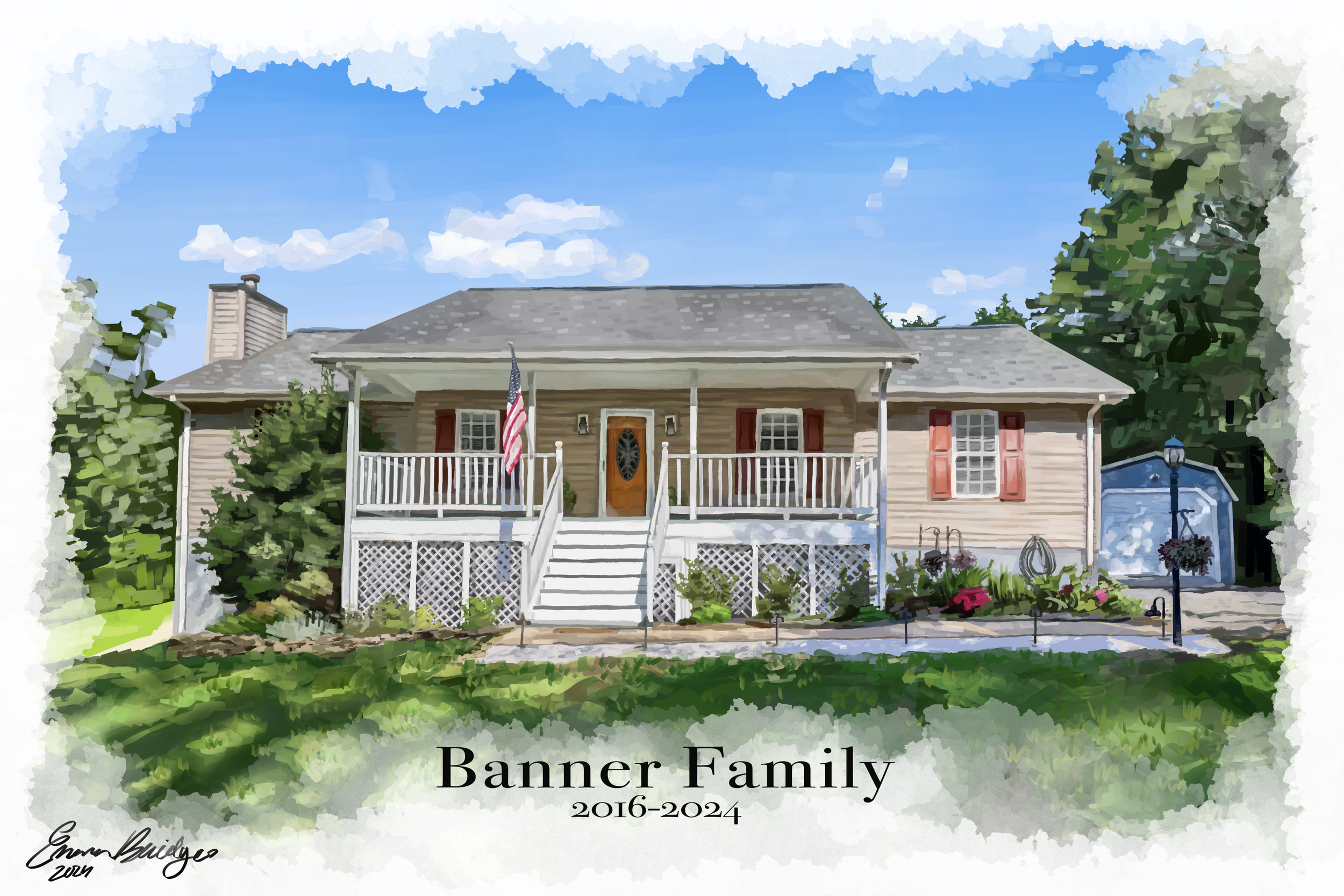 Watercolor painting of a suburban house with a white porch, American flag, garden, and lush greenery under a blue sky, with text reading 'Banner Family 2016-2024' and the signature of the artist.