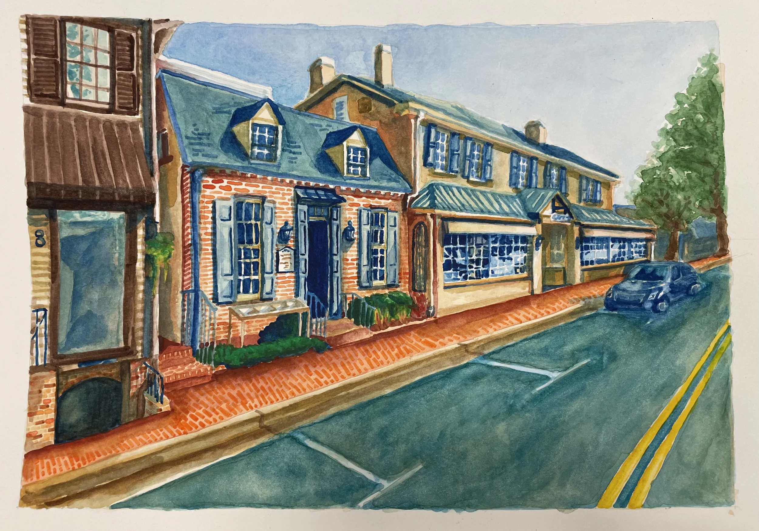 Watercolor painting of a street scene with brick buildings, a blue car, and a tree on the sidewalk.