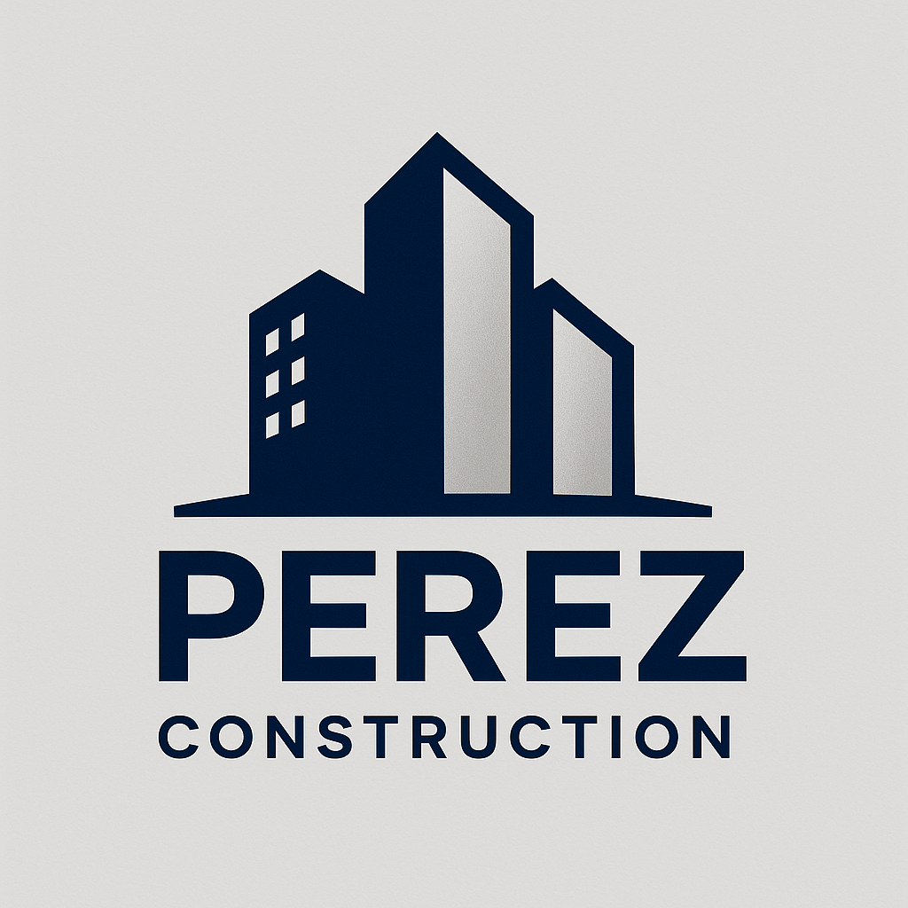 Logo for Perez Construction showing stylized dark blue buildings and the company name.