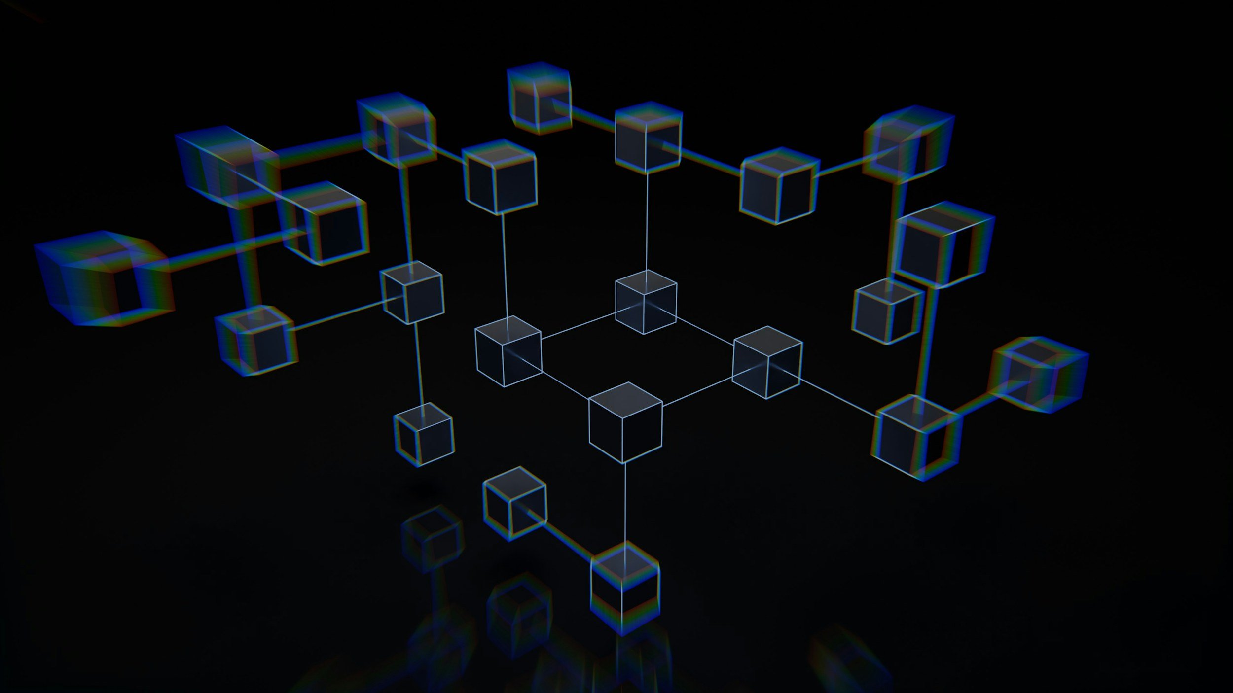 Digital illustration of a blockchain network with interconnected transparent cubes on a black background.