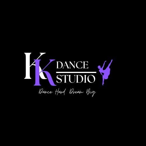 Logo for KK Dance Studio with purple and white text, including a silhouette of a dancer, on a black background.