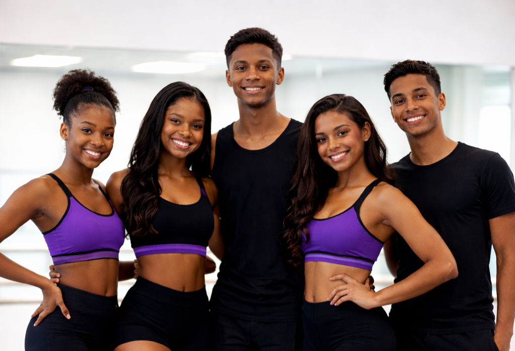 A diverse group of five young adults smiling indoors, wearing athletic wear, in a fitness or dance studio.