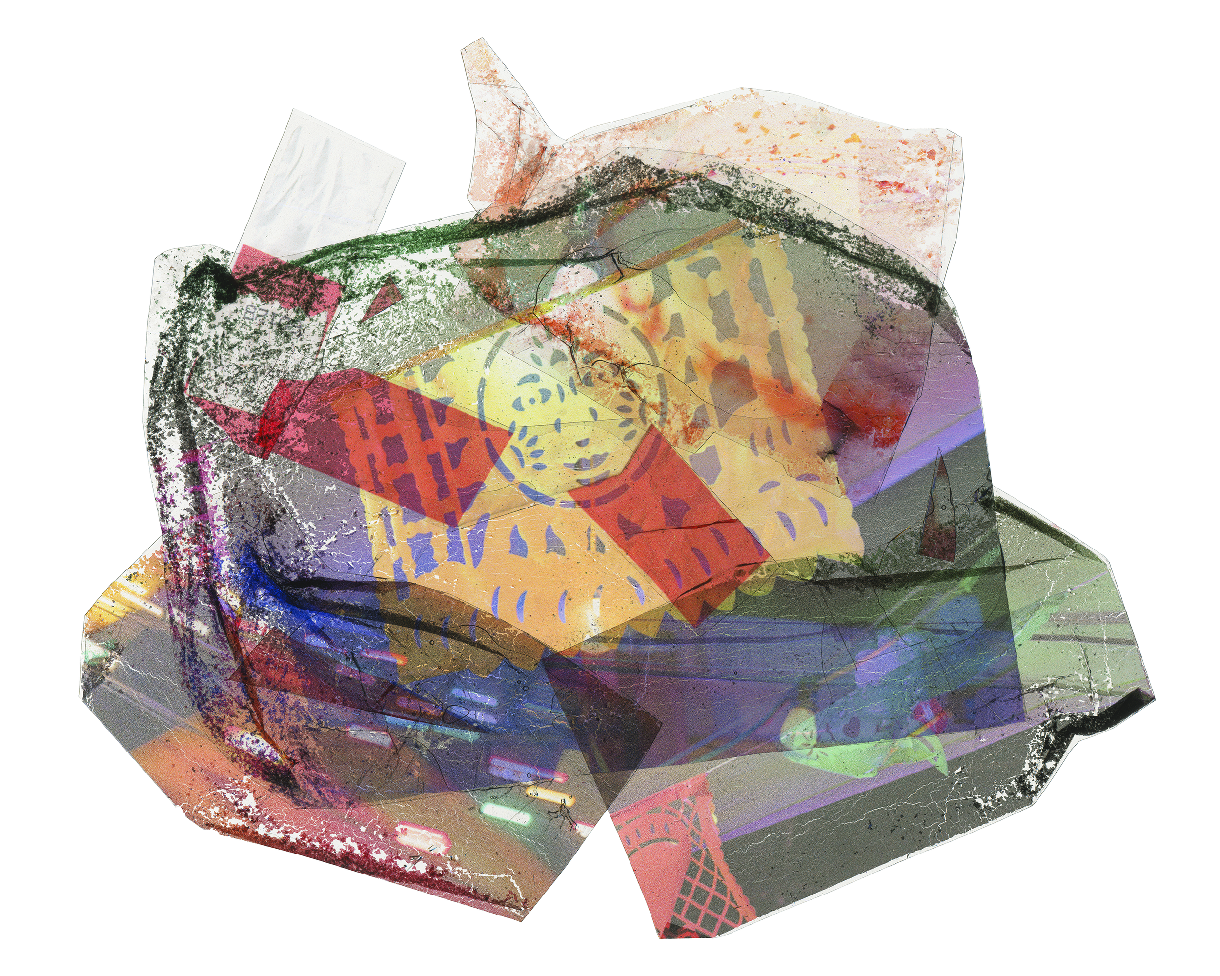 Abstract, colorful collage with layered shapes, textures, and patterns resembling a digital composition.