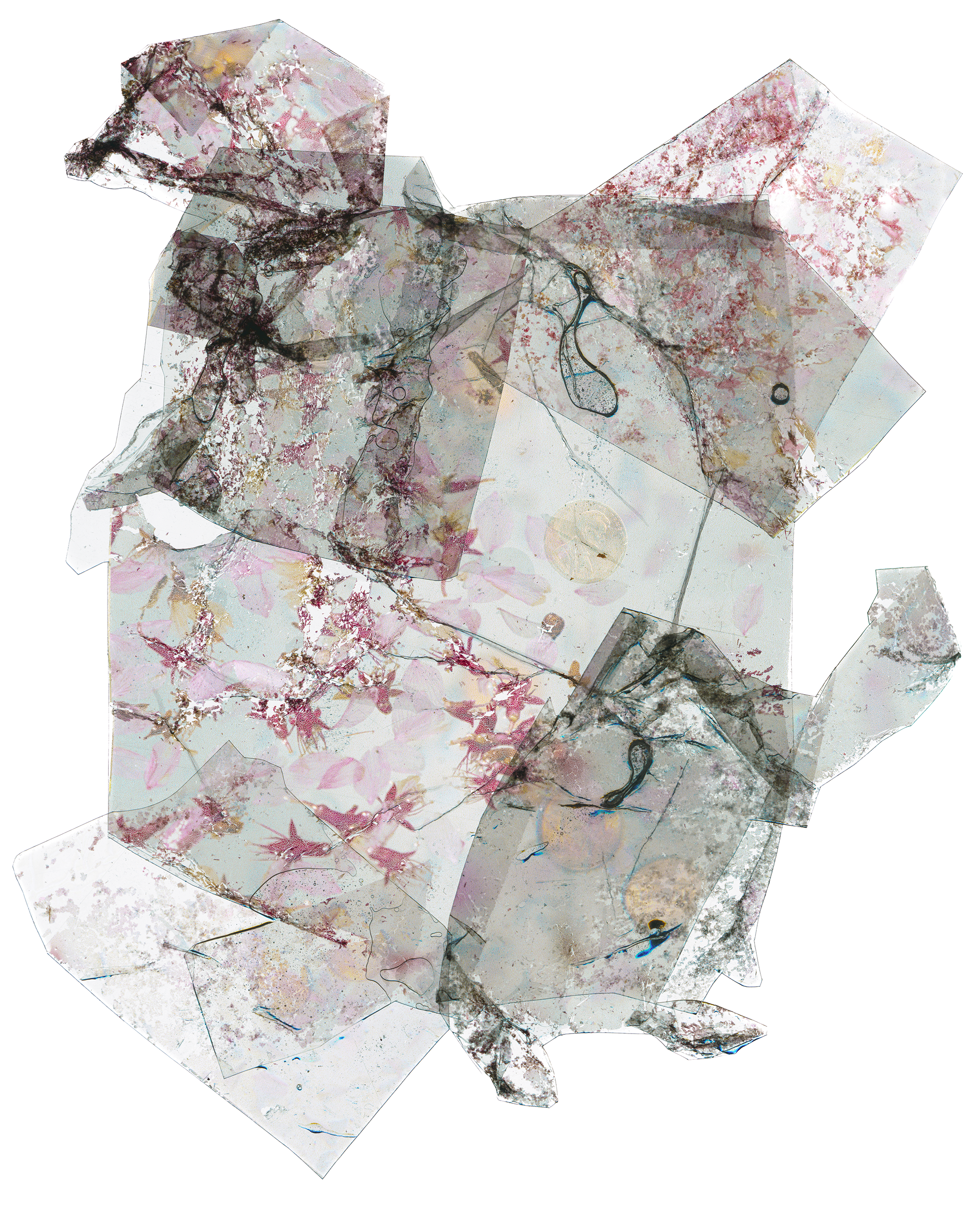 Abstract artwork with multicolored, overlapping translucent paper sheets featuring swirling lines and watercolor textures.