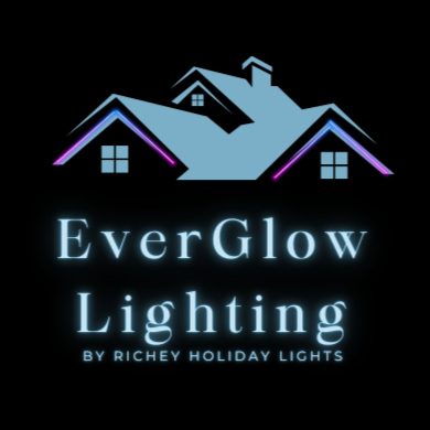 Logo for EverGlow Lighting featuring house outlines with glowing accents and the company name in luminous text.