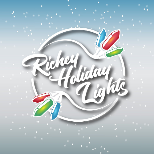 Christmas holiday lights with colorful bulbs and snowy background, featuring the text "Richey Holiday Lights" in festive font.