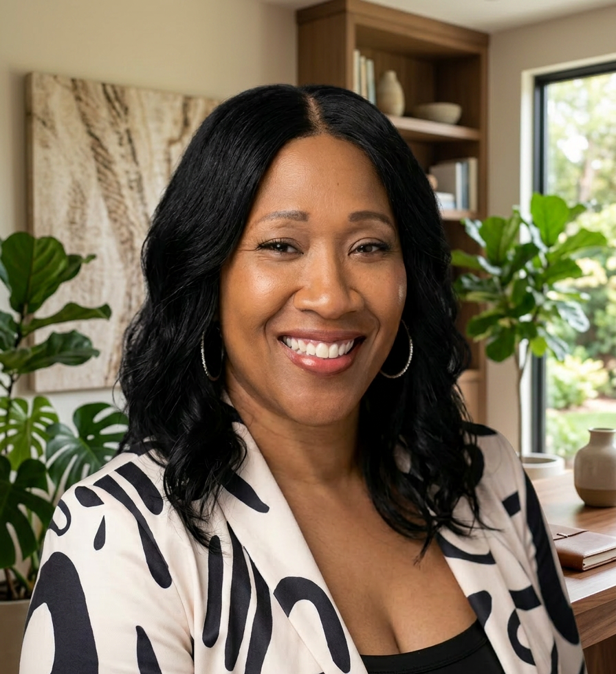 Woman with black hair, smiling, wearing hoop earrings, in a room with indoor plants, wooden shelves, and a window with greenery outside.