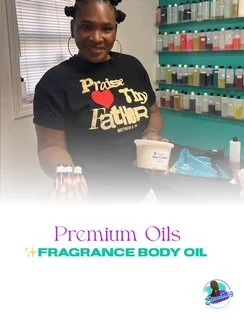 A woman standing behind a display table with bottles and containers, with shelves of colorful products in the background, promoting premium oils and fragrance body oil.