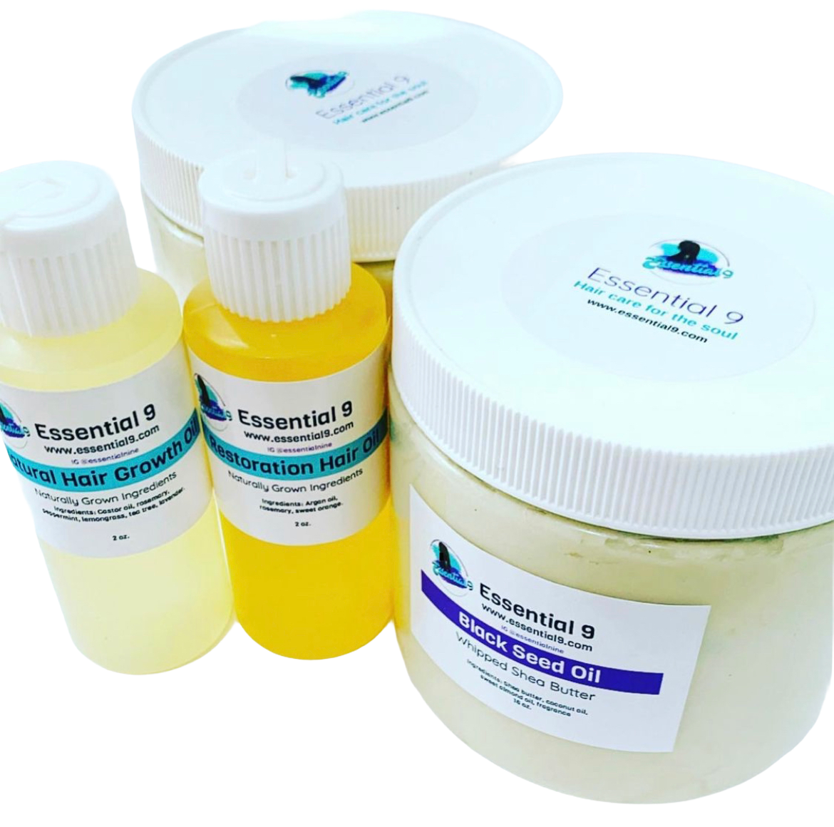Collection of Essential 9 hair care products including black seed oil, restorative hair oil, and natural hair growth oil in bottles and jars with labels.