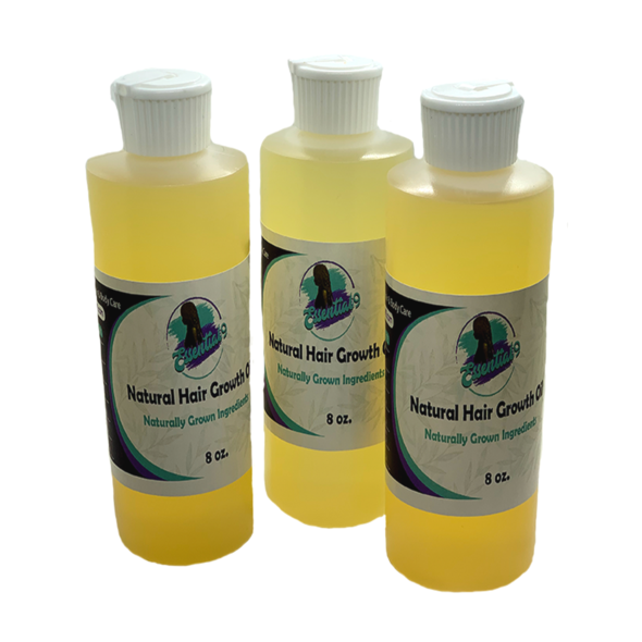 Three bottles of natural hair growth oil, 8 oz each, with white caps and labels featuring a silhouette of a woman's head with long hair and the text "Natural Hair Growth Oil".