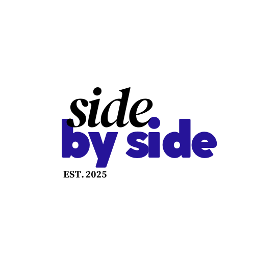 Graphic design with the words "side by side" in bold black and blue text, with "EST. 2025" written below, on a white background.