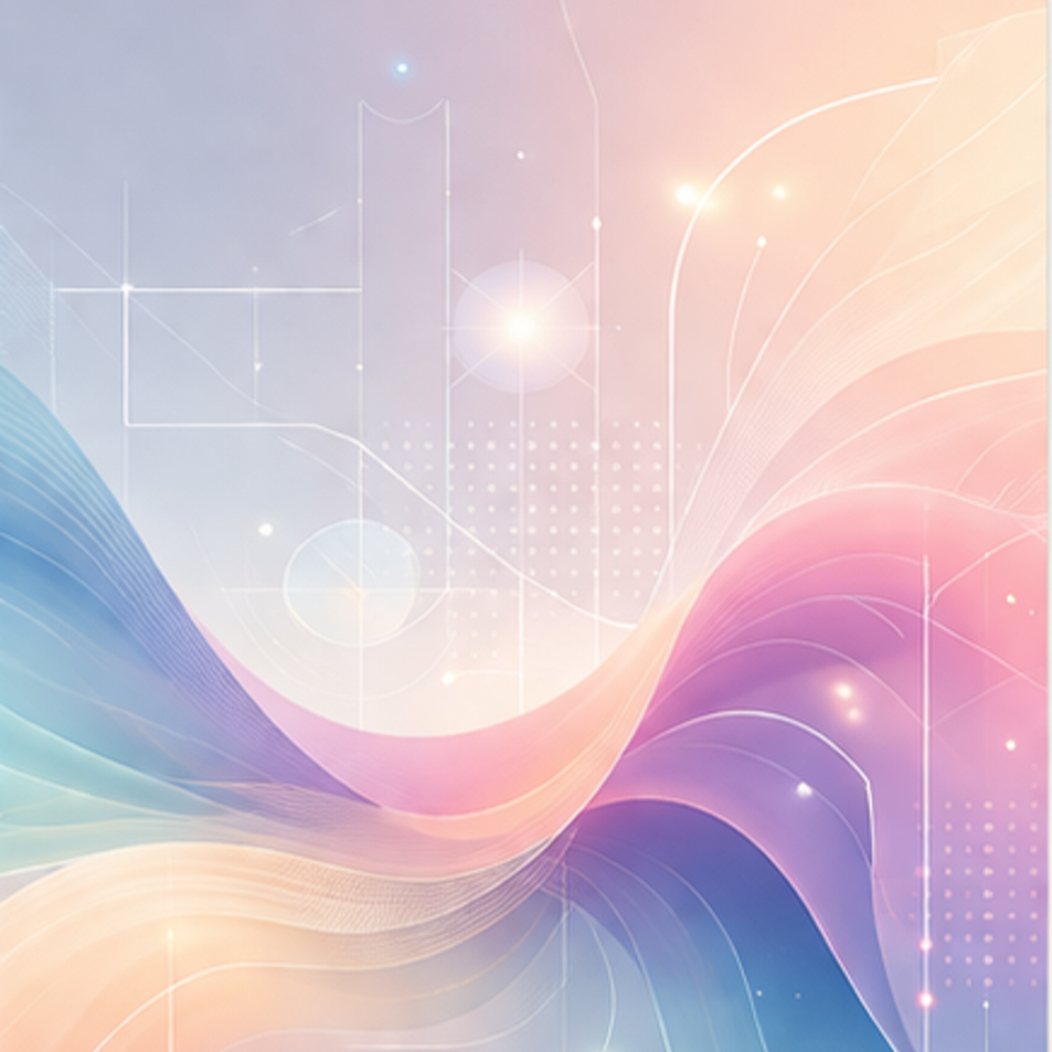 Abstract digital art with pastel-colored waves and geometric lines and circles.