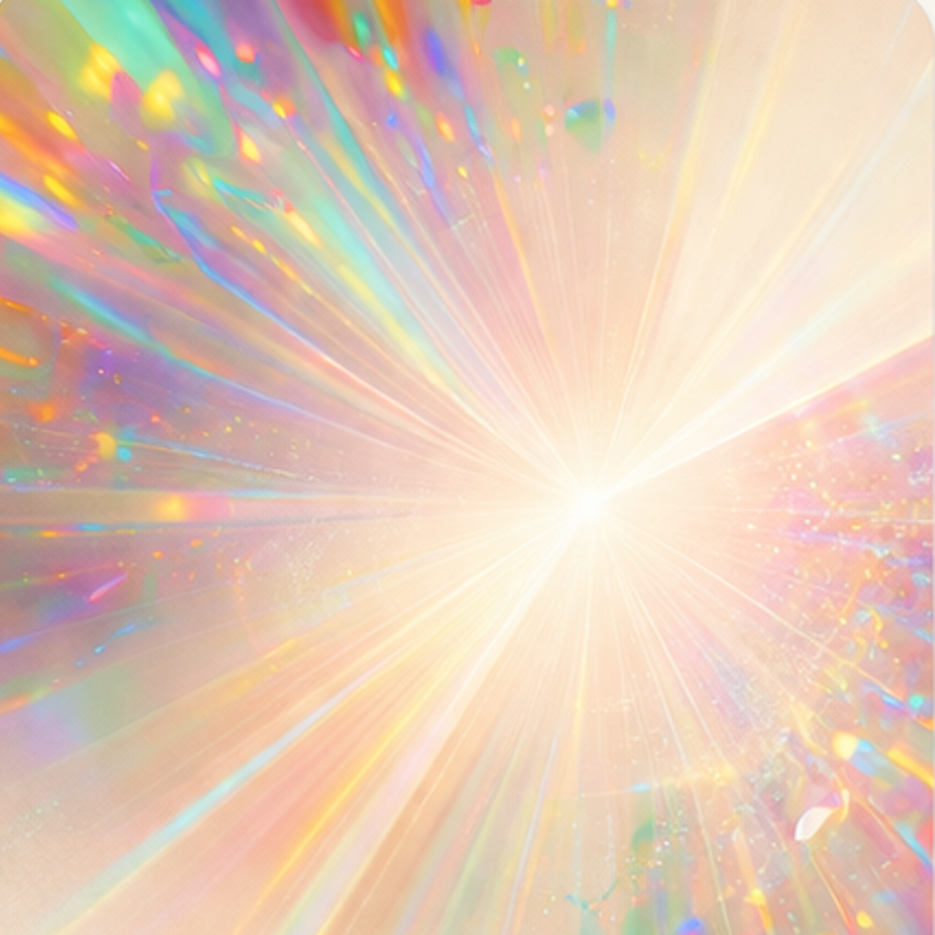 Bright, multicolored light burst radiating from a central point with holographic and iridescent effects.