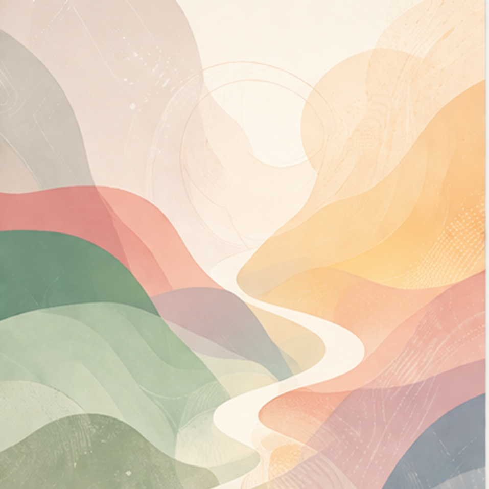 Abstract landscape with flowing hills in shades of green, pink, yellow, and blue, and a winding river in the center.