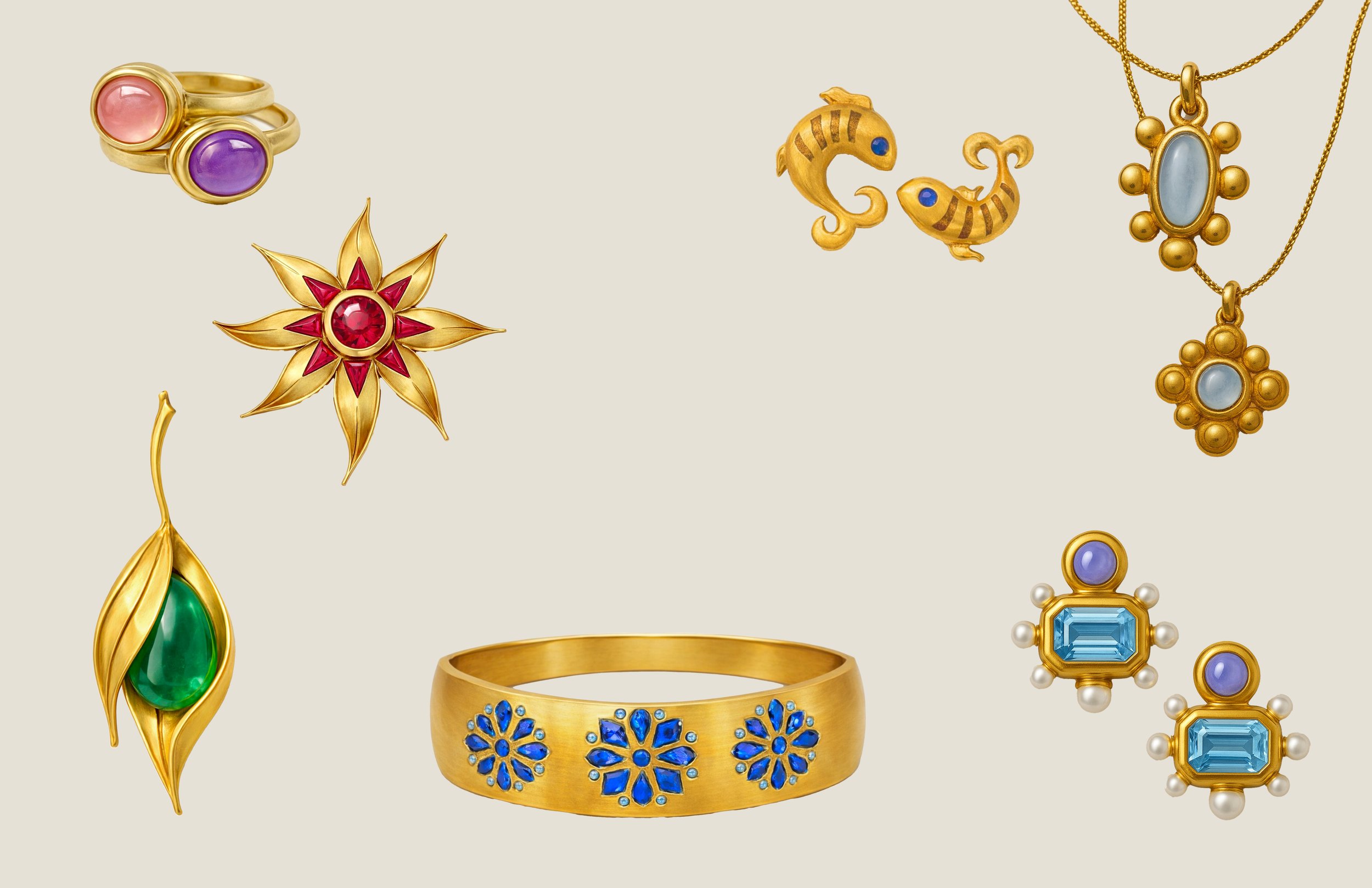 Collection of gold jewelry including two rings with pink and purple stones, a leaf-shaped pendant with green stone, a floral-shaped brooch with red and blue stones, a bracelet with blue floral pattern, a pair of gold earrings with blue stones and pearls, a gold necklace with an oval blue stone, and gold earrings shaped like fish with blue details.